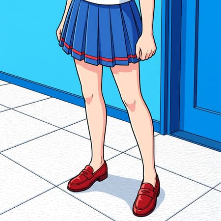 Anime style art, full body shot, focus on the legs and lower torso of a female character, wearing a blue pleated skirt with red trim and red loafers. Standing on a textured white floor, with a bright blue wall in the background. Soft, even lighting, creating a bright and clean atmosphere. High contrast lines, vibrant colors, subtle shading on skin and clothing. The character's right hand is visible, clenched into a fist. A dark blue door frame is visible on the right side of the image.