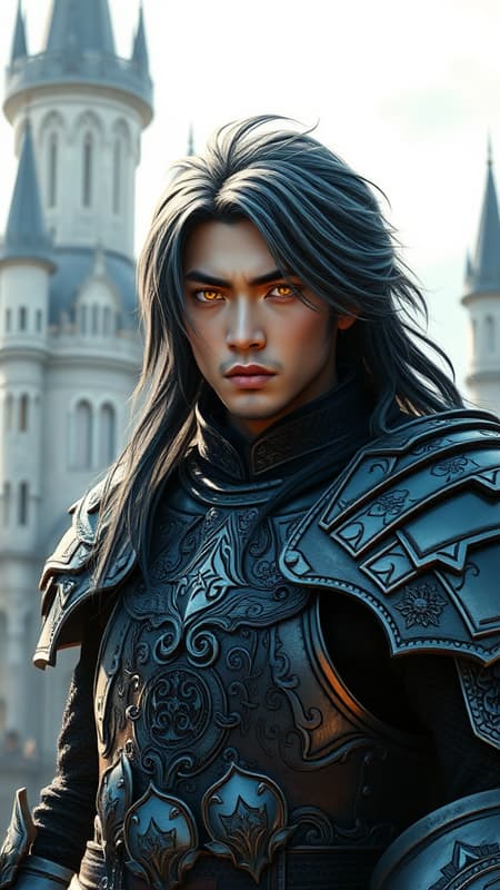 A striking medieval fantasy portrait features a handsome Asian warrior clad in intricately designed armor, standing resolute against the backdrop of a majestic fantasy castle. The bright morning light casts an ethereal glow from the side, enhancing his black and silver hair that cascades like molten metal. His eyes radiate an electric luminescence, charged with an unnerving vitality, while his expression holds a hint of unsettling intensity.