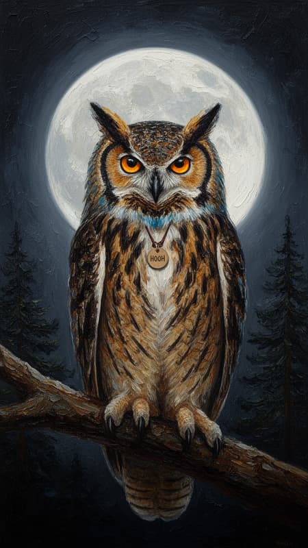 Dramatic oil painting of a majestic great horned owl, front-facing, perched on a tree branch. Full moon glowing brightly behind the owl, casting a soft, ethereal light. Dark, heavy impasto brushstrokes create a moody, textured night sky with subtle hints of pine trees in the background. The owl has striking orange-yellow eyes, intricate feather details in browns, creams, and hints of blue. A small, circular tag with "HOOH" written on it hangs from its neck. The overall atmosphere is mystical and intense.