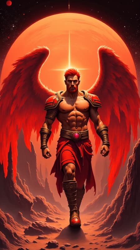 Anteres, Angel of the Red Star (red supergiant star). Celestial, powerful, warrior Angel, universal power. Tall, muscular, bodybuilder's build, big massive muscles. Caucasian male, strong brow and jaw, squared jaw, handsome masculine rugged face, sculpted cheeks. Glowing red eyes with a piercing stare. Short spiky flaming red hair fade hairstyle short on sides and back, longer on top. Short, sculpted well trimmed red Beard close to face. Bare chest, rippling muscles. Metallic red pauldrons on shoulders, metallic red bracers on arms, metallic red gladiator kilt barely covering legs. Metallic gold belt with Ruby gem center. Metallic red boots, knee-high length. Huge red feathery Angel wings ranging from scarlet to crimson, the brighter feathers on the insides and center of wings. He has a bright red aura and emits red energy, just like the star he is connected to. Full body pose, flying through space around the red supergiant star, Anteres. 