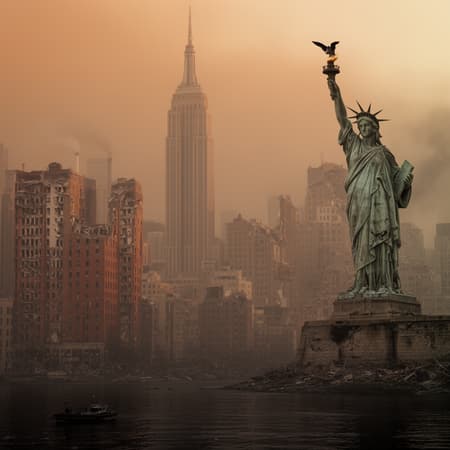 A cinematic scene is a digital illustration of a cityscape with a statue of the Statue of Liberty on the right side of A cinematic scene, standing tall and proud with its right arm raised and holding a torch with a bird perched on top. The statue is made of stone and has a crown on its head and a draped robe draped over its body. It is standing on a pedestal and appears to be in a state of disrepair. with a cinematic backdrop of, there are several tall buildings, including the Empire State Building, which is the tallest and most prominent, with its distinctive spire reaching up towards the sky. The buildings are made of brick and appear to be damaged or destroyed, with broken windows and crumbling walls. The sky is a hazy orange-brown color, indicating a foggy or misty atmosphere, with a hint of smokestack visible in the distance. The water in the foreground is dark and murky, reflecting the buildings and the statue, creating a sense of destruction and devastation. A small boat can be seen on the water surface in the bottom left corner. The overall color palette is muted and earthy, giving A cinematic scene a somber and desolate feel. High fidelity, realistic texture, ultra detail, cinematic tone mapping. YFG-Soares <lora:YFG-Soares-Flux2-Klein-v1-1_5k:1>