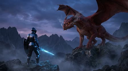 A full shot of a knight in polished black armor, holding a glowing blue crystal sword, facing a massive red dragon with glowing orange eyes and smoke coming from its nostrils. The knight and dragon are on a rocky, misty mountain peak, with dark, jagged mountains in the background under a twilight sky. The art style is photorealistic digital art with a fantasy theme. The lighting is dramatic, with the blue glow of the sword contrasting with the dragon's fiery eyes, creating a tense and mysterious mood. The atmosphere is cool and misty, with deep blues, grays, and the vibrant red of the dragon. Intricate details on the armor and dragon scales are visible.