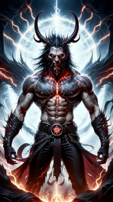 Cosmic horror. Chaos from creation. Abyss demon, death demon. Hypermasculine male, tall, extremely muscular, brute, sinewy. Pale white skin. Red, menacing eyes with dark circles around them. Strong brow and jaw, vampire-like fangs in his mouth. Black medium length hair, wild and unruly. 2 large white ivory horns curving up from the sides of his head. Black goatee on his face. His upper body is covered in dark red tribal tattoos and sigils, all neatly arranged. Big silver chains are wrapped around his massive chest in an o-ring style harness, also wrapped above his biceps. Heavy black leather bracers with spikes are on his arms. Hands have black, claw like fingernails. He wears form-fitting, leather bondage-type pants with chains around his waist. A large silver inverted pentacle as the belt buckle. Pants are tucked into big, heavy black boots adorned with silver metal. He has 2 gigantic demon wings, black on the outsides and reddish on the insides-- he uses them to fly. He has a dark aura and there is black smoke wherever he goes. Full body pose. He is a worshiper of Death. Cosmic horror. Chaos from creation. Abyss demon, death demon. Hypermasculine male, tall, extremely muscular, brute, sinewy. Pale white skin. Red, menacing eyes with dark circles around them. Strong brow and jaw, vampire-like fangs in his mouth. Black medium length hair, wild and unruly. 2 large white ivory horns curving up from the sides of his head. Black goatee on his face. His upper body is covered in dark red tribal tattoos and sigils, all neatly arranged. Big silver chains are wrapped around his massive chest in an o-ring style harness, also wrapped above his biceps. Heavy black leather bracers with spikes are on his arms. Hands have black, claw like fingernails. He wears form-fitting, leather bondage-type pants with chains around his waist. A large silver inverted pentacle as the belt buckle. Pants are tucked into big, heavy black boots adorned with silver metal. He has 2 gigantic demon wings, black on the outsides and reddish on the insides-- he uses them to fly. He has a dark aura and there is black smoke wherever he goes. Full body pose. He is a worshiper of Death.