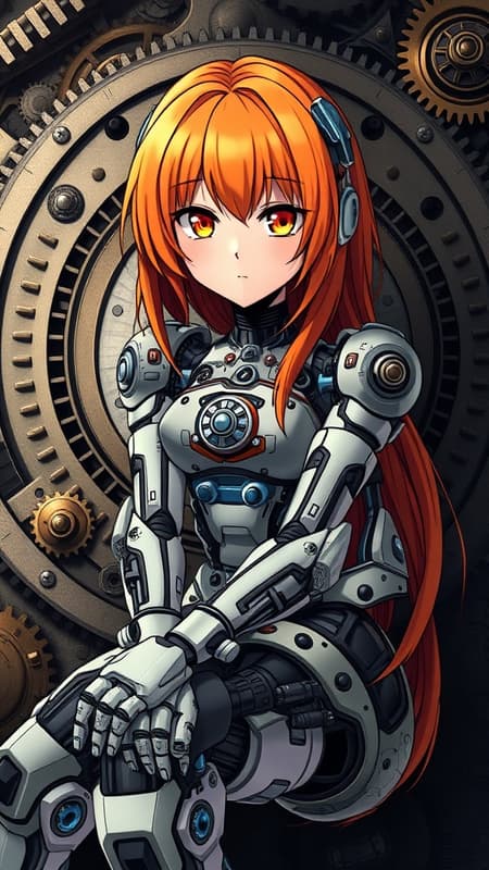 Anime style, expressive eyes, perfect face, full body, dynamic pose, clockwork, robot, cybernetic, sitting, gears, fix, cybernetic biochemical steampunk girl, vibrant orange hair, intricate gears background, professional work, soft shadow, volumetric lighting, inspired by Ghost in the Shell, lots of details, smooth lines, polished look, advanced mechanics, high quality, centered composition, suitable for social media sharing, engaging and visually captivating, unique style, harmonious blend of technology and art, sophisticated design, elegant yet powerful presence, seamless integration of cybernetic elements.