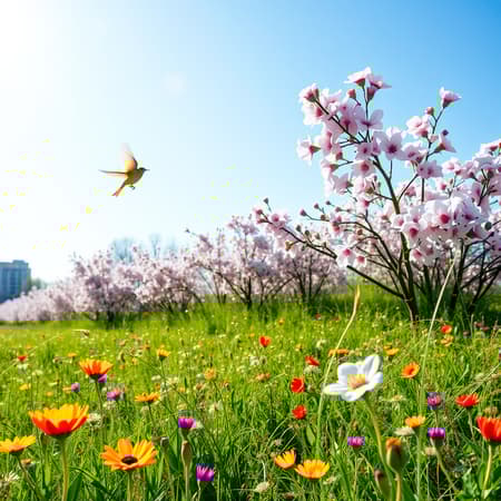 blooming joy of spring --ar 2:1 --q 5 --v 5 -- vibrant blossoms and soft sunlight, birds singing, a gentle breeze carrying the scent of fresh flowers, a serene meadow with colorful wildflowers and clear blue skies, the warmth of new beginnings and nature's renewal