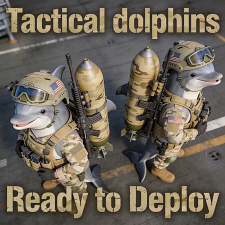 Show a funny image featuring 2 American tactical kamikaze dolphin. The dolphins is wearing large torpedos strapped on the sides of his body with tactical googles, body armor and an helmet. On his back is a M-4 with multiple attachments. He’s wearing the googles over his eyes. The armor color is American desert camouflage colored. It has a happy expression on its face. View from above. Caption says “Tactical dolphins” at the top. On the bottom the caption reads “Ready to Deploy”in military font. Realistic images. UHD, high quality