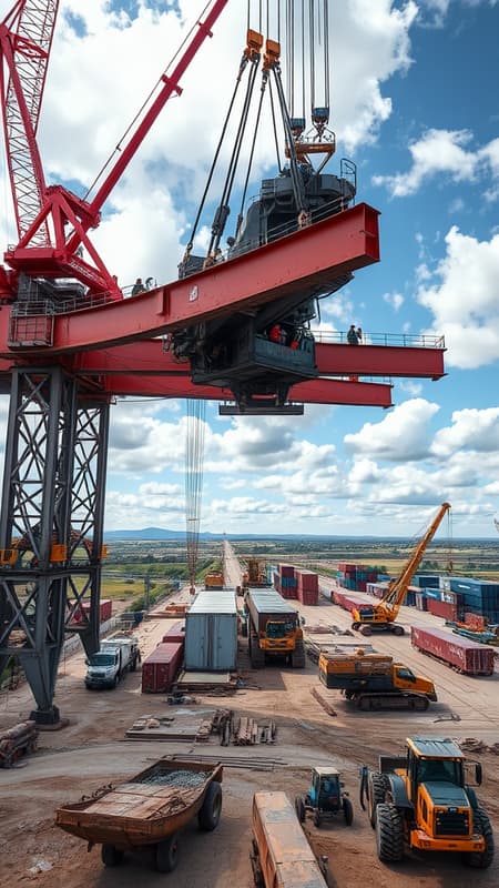 Photographs showcasing the construction site of the dry port in Drogobych, capturing cranes lifting large steel beams, workers in safety gear welding metal structures, and heavy machinery like excavators and bulldozers in motion, with expansive views of the surrounding landscape, partially cloudy skies, and the early stages of the emerging infrastructure, emphasizing the scale and significance of this logistical hub for business development. Photographs showcasing the construction site of the dry port in Drogobych, capturing cranes lifting large steel beams, workers in safety gear welding metal structures, and heavy machinery like excavators and bulldozers in motion, with expansive views of the surrounding landscape, partially cloudy skies, and the early stages of the emerging infrastructure, emphasizing the scale and significance of this logistical hub for business development.