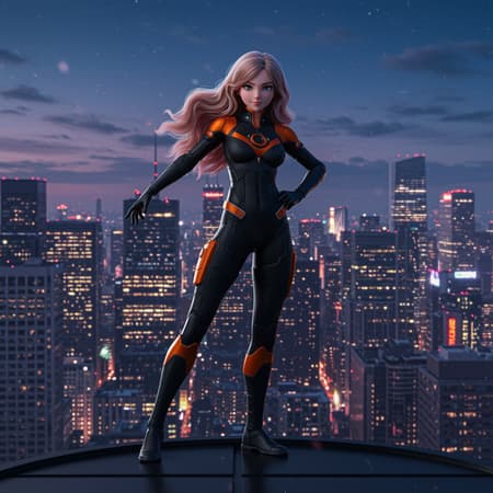 A female superhero stands poised in a dynamic pose atop a skyscraper in a bustling cityscape, her long wavy hair flowing behind her. She dons a sleek black and orange suit, perfectly tailored to showcase her athletic build. The scene is captured in 8k with crisp, clean details and sharp focus, highlighting the high-quality, cinematic aesthetic reminiscent of Studio Trigger, Makoto Shinkai, and Studio Ghibli styles. The environment is bathed in volumetric lighting, casting soft shadows that add depth and drama to the dusk setting. Her confident stance and the vibrant city lights create an awe-inspiring contrast, bringing the anime-style artwork to life. 