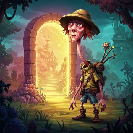 Generated Fantasy Artwork Fantasy artwork depicting a quirky adventurer in the signature style of John Blanche, where the character stands before a vibrant, enchanting portal leading to a slightly more idyllic realm. The scene is richly detailed in 16k resolution, showcasing vivid colors and dynamic contrasts, including UHD and HDR elements. The adventurer is whimsically designed, featuring a distinct, cloned face with crossed eyes, and possesses extra fingers on mutated hands, adding a layer of eccentricity. The composition is intentionally chaotic with cropped scenes, slight low-resolution areas, and playful nods to digital imperfections like jpeg artifacts. However, no visible text, signatures, watermarks, or artist names appear in the art. The adventurous setting, combined with a world brimming with peculiarities and charm, creates a captivating narrative scene where the explorer's abnormally long neck and fantastical elements blend seamlessly against the backdrop of a portal leading to a place that's just a bit nicer.