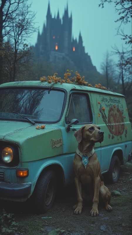 ArsMovieStill, movie still from a 1980s fantasy movie.
On a foggy night, a broken volvo van has a medium-blue paint base featuring a unique horizontal green stripe that slopes up and down across the van's bottom half. A couple of orange flowers serve as accents on the sides of the van over the green stripe. the background is Count Dracula's looming castle, framed by dead trees and glowing red windows. A brown great dane, He has a black nose and wears an off-yellow, diamond-shaped-tagged blue collar is next to a sign "Stay Based"