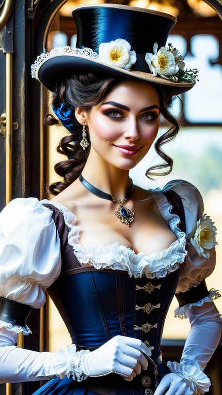 Victorian steampunk. A man is a creator of high-end toys and gadgets. His greatest creations are a time machine, and a life+sized marionette that becomes a real woman and then his wife. They travel the world and time together on all kinds of adventures. He is tall, handsome, masculine, slim but muscular, sinewy. Caucasian male of English descent. Short wavy dark brown hair, side parted and combed back. Strong brow and jaw, light brown eyes. Sideburns and handlebar mustache. He He wears a white shirt with the sleeves rolled up, and dark grey trousers with a black belt and black shoes. The first few buttons on his shirt are unbuttoned, he's always working on something. Always a smile on his face, happy with his wife and to be working steadily, usually a tool in his hands watching gears turning. His wife is a feminine Victorian woman with medium length curly dark brown hair and cornflower blue eyes. Lovely sweet pretty face, moderate make-up. She is usually in a frilly white dress with a bustle, white gloves and black shoes, a wide brimmed hat with flowers on top of the brim. She assist him with anything he needs, but she is no wallflower. She is smart, intelligent, and spirited for a woman of her time.

