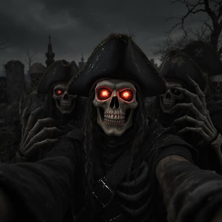 Cinematic Scene Unfolds Artwork A dramatic, cinematic scene unfolds in an eerie graveyard, where a group of skeletons and pirates gather for a chilling selfie. The atmosphere is intense and vivid, with extreme detail capturing the scary, dark ambiance. The unsettling vibe is enhanced by elements like deformed irises, cross-eyed gazes, and strange pupils. Faces appear cloned, and hands show unusual mutations with extra fingers. The composition feels slightly off-balance, echoing a low-resolution quality with hints of jpeg artifacts. The background looms with a shadowy landscape, free from any signatures or watermarks, immersing viewers in the ghostly gathering.