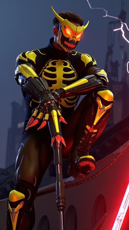 Super-hero, vigilante anti-hero, spooky. cinematic composition, urban noir atmosphere. Athletic Caucasian male, muscular husky build, 5'10", wearing a formfit spandex tactical stealth suit in matte black nano-fabric. Ornate yellow-gold skeleton graphic design overlay across limbs, anatomically accurate bone patterns with glow-in-the dark. Yellow-gold combat boots rising to knees with aggressive V-cutout, deep crimson titanium toe caps. Armored gauntlets in metallic yellow-gold reaching elbows, featuring crimson finger-tips with retractable diamond-tipped claws. Custom electroshock weapon system generating vivid red lightning effects, 32k resolution electricity details.

Chest armor features intimidating demon-face design: yellow-gold base with cut-out revealing matte black underlayer forming ribs, centered by menacing grin with sharp blood-red metal teeth. Upper chest includes glowing crimson LED eye shapes, shoulders sculpted into sharp horn-like points. Tactical neck guard in stealth black nanoweave, flowing into yellow-gold face mask with aggressive V-shape design. Mask features geometric black jaw section and prominent crimson V-shaped visor with internal illumination, creating threatening eyes effect. Modern  short fade hairstyle with dark brown top length styled sideswept. 

Dynamic pose showing figure perched on gothic architecture, photographed from dramatic low angle. Moody nighttime urban setting with neon accent lighting, volumetric fog effects. Ray-traced reflections on metallic elements, cinematic color grading emphasizing deep shadows and selective highlights. Photorealistic materials and textures, 8k resolution, octane render, ultra-detailed, studio lighting with practical effects.