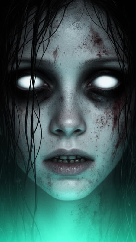 Close-up portrait of a pale, undead young woman's face, horror digital painting style. Her eyes are entirely white and glowing, surrounded by dark, sunken sockets. Wet, stringy black hair hangs over her face. Her mouth is slightly agape, revealing small, discolored teeth. Her skin is a sickly bluish-white with hints of dirt and dried blood specks. Eerie, cold, supernatural lighting with a subtle turquoise glow from below. Dark, desaturated color palette with stark contrasts. Gritty texture, high detail.