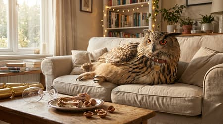 Photorealistic image of a giant Eurasian Eagle-Owl, named "HOOH", lounging on a light beige sofa in a cozy living room. The owl is looking directly at the viewer with bright orange eyes. On the coffee table in the foreground, there's a plate with chicken bones, scattered walnuts, a fallen wine glass, and golden Christmas crackers. Warm sunlight streams in from a window on the left, illuminating dust motes in the air. A bookshelf with warm string lights is visible in the background. Soft, inviting atmosphere with natural lighting and earthy tones.
