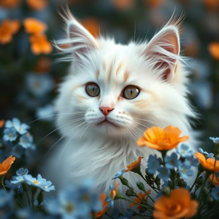 A detailed, hyperrealistic photograph of a white fluffy cat surrounded by light orange and blue flowers, intricately detailed, (cinematic feeling, soft light, sharp:1.2), (muted colors:1.5), (film grain, bokeh, blurry background), taken with Nikon z30, 24mm lens, (DOF:1.4), sharp focus, realistic lifelike texture, looking at viewer, good proportions, anatomically correct <embed:epiCPhoto.pt> A detailed, hyperrealistic photograph of a white fluffy cat surrounded by light orange and blue flowers, intricately detailed, (cinematic feeling, soft light, sharp:1.2), (muted colors:1.5), (film grain, bokeh, blurry background), taken with Nikon z30, 24mm lens, (DOF:1.4), sharp focus, realistic lifelike texture, looking at viewer, good proportions, anatomically correct <embed:epiCPhoto.pt>