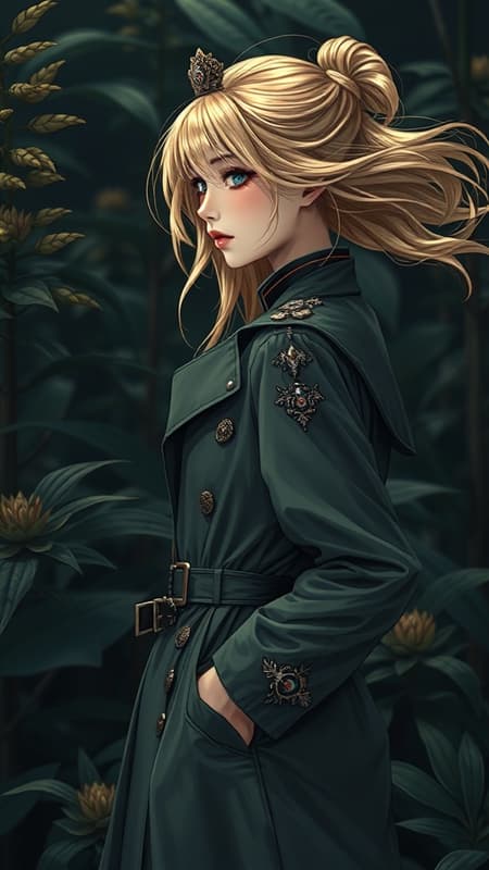 Girl Officer's Open Artwork A slender girl in an imperial-style officer's open raincoat adorned with intricate embellishments, showcasing flowing, photo-realistic blonde hair and a captivating, Korean-inspired makeup face. This masterpiece embraces the dieselpunk aesthetic with a stunning diesel plant backdrop, blending retro-futuristic elements. The scene is captured with hyperphotorealism, exhibiting vintage charm through dark, complex, and richly detailed illustration. The side view is illuminated by multiple light sources, highlighting her aristocratic allure. Hands in pockets, she embodies a mix of elegance and modern edge, making subtle creative adjustments while preserving the core theme of a visually arresting, socially inspired artwork.