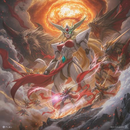 An immensely powerful anime protagonist is envisioned by the creative geniuses Hideaki Anno, Katsuhiro Otomo, and Rumiko Takahashi. A cinematic masterpiece, reminiscent of a blockbuster film poster, capturing a stunning narrative. The centerpiece showcases the main character, radiating strength and determination. Surrounding her, colossal monsters and intricate mech warriors are engaged in an epically choreographed battle. The horizon is ignited with brilliant nuclear explosions, painting the sky with both beauty and devastation. The scene is crafted with exceptional detail and clarity, embodying an 8k resolution masterpiece that captures the imagination, expertly blending elements of heroism, conflict, and awe-inspiring visuals.