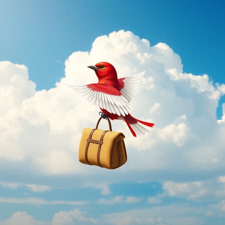 Logo for a travel website featuring a vibrant red bird with elegant white wings gracefully carrying a travel bag against a serene blue sky filled with fluffy white clouds. The design exhibits intricate, whimsical artwork reminiscent of Beatrix Potter, seamlessly blending into a charming cottage core aesthetic. The scene is highly detailed with 8K resolution, captured at a dynamic 45-degree angle, inviting exploration and capturing the essence of wanderlust and adventure.