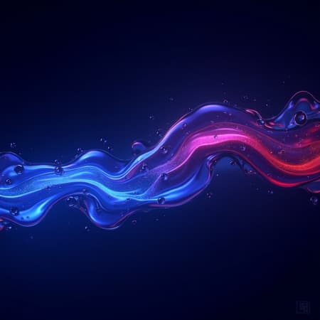 Abstract Flowing Liquid With Glowing Abstract flowing liquid with glowing blue and red light, intertwined in a dynamic wave pattern across a dark background. The art style is digital art, highly detailed and vibrant. The lighting is ethereal and moody, with strong neon-like luminescence contrasting against deep shadows. Colors are electric blue, vivid red, and deep black, creating a high-contrast and energetic atmosphere. Notable details include iridescent bubbles and subtle color transitions within the liquid, giving a sense of depth and movement. Liquid simulation, volumetric lighting, photorealistic rendering.