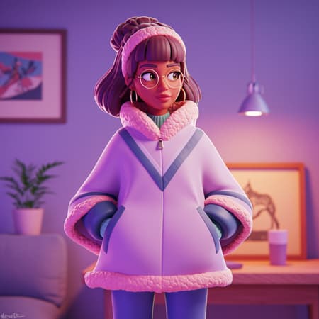 A vibrant digital art piece featuring a woman in a modern poncho jacket, inspired by the eclectic designs of Duro Olowu and the whimsical style of Yanjun Cheng. The scene captures the cozy vibe of the lofi girl internet meme, reminiscent of trending designs on Dezeen. The illustration, with a touch of 3D render flair inspired by Beeple, Rhads, and Lois van Baarle, presents a cartoon-style character in bright pastel colors. Her retro anime influence is apparent, creating a beautiful artwork that balances nostalgia with contemporary aesthetics.