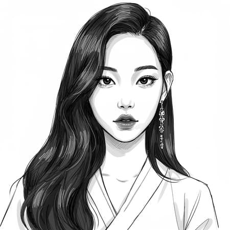 A detailed black and white sketch of a stunning Korean woman, set against a clean white background, capturing her elegance with a slight modern twist, enhanced by delicate shading and expressive lines, maintaining a balance of realistic features and imaginative flair.