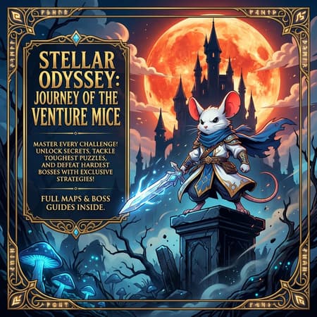 Anime style book cover art for "STELLAR ODYSSEY: Journey of the Venture Mice". A brave, white mouse adventurer with large red ears, blue scarf, and white and blue robes, stands on a dark stone pedestal, wielding a glowing silver sword. Background features a large, dark castle or tower silhouetted against a vibrant orange and red full moon or setting sun. Text on the left includes "MASTER EVERY CHALLENGE! UNLOCK SECRETS, TACKLE TOUGHEST PUZZLES, AND DEFEAT HARDEST BOSSES WITH EXCLUSIVE STRATEGIES!" and "FULL MAPS & BOSS GUIDES INSIDE.". The overall composition is a dynamic, adventurous scene with a bold, contrasting color palette. Dark, mysterious foreground elements and glowing details create a heroic, fantasy mood. Detailed gold borders and text frames.