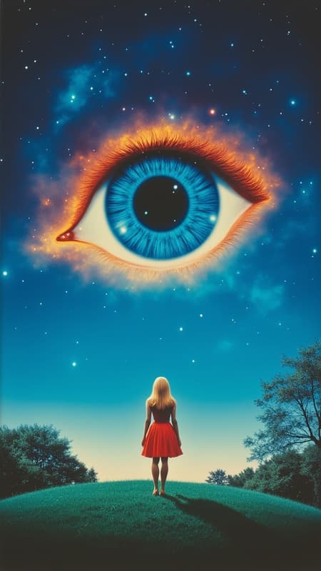 ArsMovieStill, movie still from a 60s psychedelic movie, The image is a digital art piece that appears to be a surreal representation of an eye. The eye is in the center of the image with a blue iris and a black pupil. The iris is surrounded by a fiery orange and yellow glow representing the colors of the sky. The background is a deep blue with stars and planets scattered throughout.  In the foreground there is a young girl standing on a hill with her back to the viewer looking up at the sky with a dreamy expression on her face. She is wearing a red dress and has long blonde hair. The hill is covered in greenery and there are trees and bushes on either side of the hill. The sky is filled with stars creating a beautiful and serene atmosphere. The overall color palette is vibrant and dreamlike with shades of blue orange and yellow., 1girl, sky, outdoors, long hair, solo, star (sky), scenery, standing, tree, grass