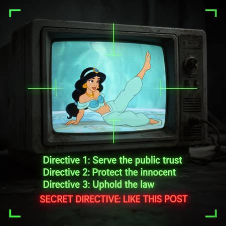A Retro Crt Monitor Displaying A retro CRT monitor displaying an animated image of Princess Jasmine from Aladdin, lying down with one leg raised, against a blurry aqua background. The art style is classic 2D animation, with scanlines and VHS distortion on the screen. The monitor is old, gray, and dusty. Green, glowing UI elements and crosshairs are overlaid on the screen and surrounding areas, creating a sci-fi or surveillance aesthetic. Below the image, green glowing text reads "Directive 1: Serve the public trust", "Directive 2: Protect the innocent", "Directive 3: Uphold the law", followed by red glowing text "SECRET DIRECTIVE: LIKE THIS POST". Dark, moody lighting with a focus on the glowing screen. The atmosphere is nostalgic and slightly ominous.