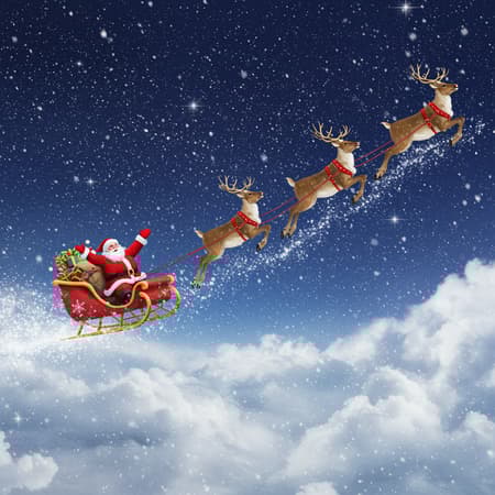 A vibrant and dynamic Christmas card featuring Santa Claus joyfully navigating his sled through a sky full of twinkling stars, rendered in stunning 32k UHD quality with an artistic touch reminiscent of quadratura. The scene exudes an energetic and cheerful atmosphere, capturing the magic of the holiday season as reindeer leap gracefully through the snow-dusted clouds. The composition embraces a 9:16 panoramic view, with a splash of imaginative chaos enhancing the festive ambiance, creating a visually captivating experience with rich detail and lively colors.
