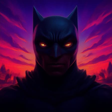 Batman stares directly into the camera with intense, piercing eyes, set against a vibrant, dynamic backdrop, evoking a sense of awe; masterpiece, colossal scale, low-poly aesthetic, --excludes mockup, signature, watermark, username, low resolution, poor quality, jpeg artefacts, blurry, cropped, poorly framed --aspect ratio 9:16 --creativity 10 --style 100 --version 4.