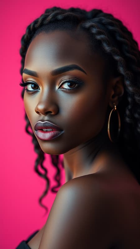 A captivating photograph featuring a black woman model on a solid hot pink background, her eyes highlighted with intricate and stylish detailing. The image employs a camera setup with a large-aperture effect reminiscent of f/1.4, achieving a beautifully soft, blurred backdrop that accentuates the model’s sharp features. Her pose and expression exude confidence and elegance, with the hot pink hue enveloping the scene in a raw, vibrant atmosphere.