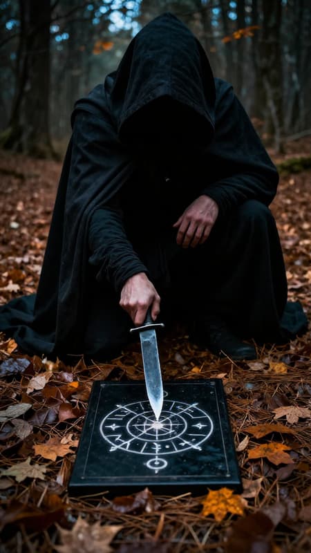Top-down shot of a mysterious figure in a dark, hooded cloak, kneeling on a forest floor covered in autumn leaves and pine needles. The figure's face is obscured by shadow and the hood. A muscular hand emerges from the cloak, gripping a large, weathered knife with its tip resting on a black rectangular divination board with glowing white runic symbols. The background shows a dark, blurry forest with hints of light filtering through the trees. Photorealistic with a touch of dark fantasy, dramatic and somber mood. Deep shadows, warm earthy tones of brown and orange leaves, contrasting with the dark cloak and subtle cool blue light in the background. High contrast, detailed textures.