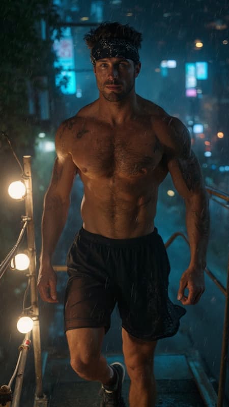 I had a dream... 
There's this really hot guy that goes jogging at night. He's young and masculine, and wears a pair of black mesh translucent running shorts, split on the sides with a 3 inch inseam. He's very fit and always goes shirtless. When he gets back from his run, he goes to the fire escape by his apartment and just stands out there, the neon signs in the city reflecting off his sweaty body, the air cooling him off. A couple times he caught me looking at him-- he says nothing, but smiles back and stretches so that I can see more of his body, arms up and armpits damp with sweat, perspiration running down his face and chest, the strength of his long sinewy legs, the bulge in his groin, his shorts barrly containing his flaccid girth. His bright blue eyes looking back at me. I know that one night soon I'm going to join him on that fire escape and examine him more closely... 
{{{ Caucasian masculine male, light brown hair wavy fade hairstyle, short on sides and back, longer on top. Black bandana tied around his forehead, strong brow and jaw, sparkly blue eyes. Muscular sinewy body, wide back, broad chest, wide shoulders, narrow waist, gymnast build , strong powerful legs. Sheer black mesh running shorts, very brief and somewhat revealing. Black running shoes, short white socks. Profusely sweaty body, neon lights reflecting off his skin. Slightly hairy legs and arms, a little hair on his chest. Full body pose, stretching and flexing on fire escape, arms up and sweat running down his armpits.}}}  {{{MASTERPIECE}}} 
      