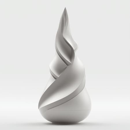 A hyper-realistic digital art depiction of an aroma diffuser inspired by the sleek, modern, geometric architecture of the Burj Khalifa in Dubai, featuring an alluring metallic exterior with elegant, flowing lines that echo the tower's iconic silhouette, presented on a pristine white background. The design incorporates subtle textures and reflections, achieving a harmonious blend of sharp angles and smooth curves. Rendered in stunning 8K resolution using Unreal Engine, the image captures intricate details with a sophisticated depth of field effect, creating a sense of tangible realism, stylishly merging futuristic aesthetics with timeless design.