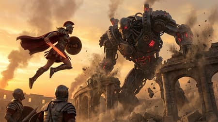 Epic fantasy scene, a powerful female warrior in ancient Roman armor leaping towards a colossal, monstrous biomechanical titan, its body glowing with internal red energy. The titan is destroying an ancient coliseum, with crumbling pillars and debris flying. The warrior wields a glowing sword and shield. Photorealistic digital art, dramatic low-angle shot, golden hour lighting, cinematic, intense mood. Warm orange and yellow hues dominate the sky, contrasting with the titan's dark, metallic body and red glows. Dust and smoke fill the air, creating a chaotic atmosphere. Two small, armored figures are visible in the foreground, looking up at the scene.