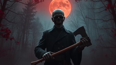 Horror-infused hyperrealistic scene featuring a highly detailed necromancer with an axe, reminiscent of Jack the Ripper under a haunting blood moon. The necromancer's face is disturbingly visible, surrounded by a red forest, enveloped in volumetric fog. The ultra-detailed environment is rendered with cinematic lighting and a stunning wide-angle view, embodying a surreal blend of reality and nightmare. The scene is enriched with mutated elements, cgi deformations, and eerie doll-like features. His anatomy is disturbingly off, with extra arms and fingers, poorly drawn hands, and a disfigured presence. Crafted in Unreal Engine with Octane render, the environment presents a breathtaking yet unsettling vision, blurred and fuzzy at the edges, creating a dreamlike, nightmarish ambiance.