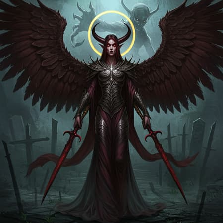 A stunning visual of a fallen angel embodying the powerful attributes of an evil spirit, seamlessly blending human and hybrid creature characteristics, evoking the enigmatic unknown. Intricate details defy reality, as this majestic figure stands set against a backdrop depicting a creature that possesses humans in a hauntingly desolate atmosphere. The visual is enhanced with striking contrasts that elevate its ethereal beauty. It is drawn in the iconic style of artists like Julie Bell, adorned in elaborate attire that accentuates its otherworldly charm. The scene is brought to life with advanced hyperrealism, captivating lighting effects, and sophisticated color grading techniques, rendered in ultra-high resolution at 4K/8K/16K gigapixel quality for unparalleled detail and realism.