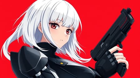 White-haired girl with striking, detailed eyes in a sleek black mecha suit, holding a futuristic gun. The scene is set against a vivid red background, emphasizing minimalism with a simple design. The image captures a dynamic side view with a fisheye effect, enhancing the aesthetic quality and creating an official art feel. The composition highlights her raised posture, showcasing a blend of beauty and artistic mastery in an animation-like style.