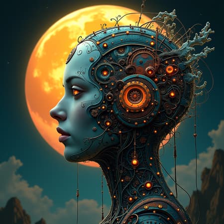 Side profile of a cyberpunk head with a large glowing moon in the background, styled in Art Nouveau, showcasing intricate details with embellishments; concept art in high definition digital format, vibrant colors. The composition features a sense of intentional imperfection with elements like digital glitches, text errors, and minor anatomical anomalies. The image may contain jpeg artifacts and signatures, highlighting its unique, raw aesthetic. Aspects of the art are intentionally distorted or out of frame, enhancing its edgy, avant-garde appeal with a subtle blend of disfigurements, blurry textures, and surreal, dreamlike qualities.
