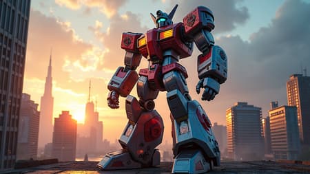 Powerful robotic warrior inspired by Power Rangers Megazord, captured in photorealistic detail, using a DSLR camera with a wide-angle lens, towering amidst a futuristic cityscape, reflecting vibrant colors and intricate mechanical design, standing heroically against a dramatic sky at sunset.
