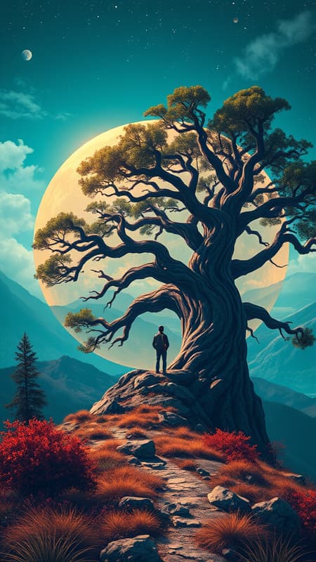 A magnificent circle depicting a person overlooks an ancient tree in a breathtaking scene, styled in vibrant fantasy landscapes with rich teal and bronze hues. The illustration pulses with energy, blending hikecore aesthetics with the awe-inspiring beauty of sublime wilderness. Designed as captivating poster art, this piece evokes an overwhelming sense of wonder and splendor.