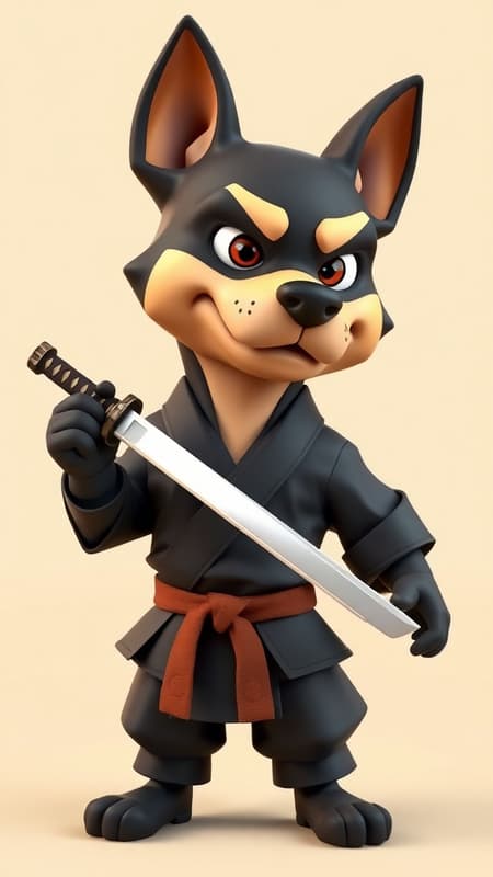 A low-poly 3D character design of Paco the Dog holding a short, gleaming sword, featuring stylized polygonal modeling. He's dressed in a sleek black gi with a well-worn brown belt, set against a smooth, neutral cream background. Paco's face shows a fierce determination, emphasized by clean lighting and gentle shadows for depth. The character has a toy-like aesthetic, with vibrant colors and exaggerated features, creating a game-ready asset that feels dynamic and full of personality.
