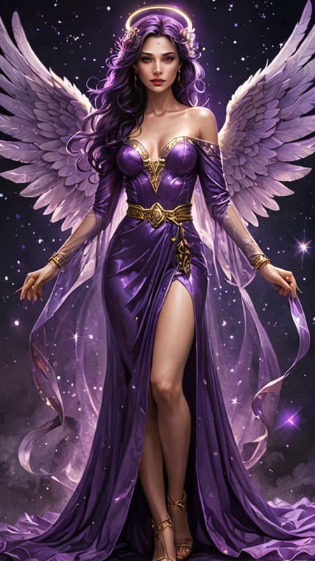 They say that purple stars don't exist in space, or that we can't see the light they emit...but they do, and there is an Angel that resides over them. She is a beautiful Angel with huge wings with the colors of Violet, purple, magenta, amethyst, lilac and magenta wings. She appears as a feminine Caucasian woman-- tall, statuesque, strong, slender but athletic. Her hair is black with streaks of purple throughout, swept back on one side, curly Bangs swept to one side with long loose curls falling over her shoulders. Her eyes are bright Violet and shine like jewels, her lips magenta, her face modelesque and pretty.  There is a glowing bright Violet halo over her head. She wears a shiny metallic long sleeved off the shoulder gown, the sleeves lacey and delicate. She wears a gold necklace around her neck with an amethyst stone pendant. Gold bracelets on her wrists, and a metallic gold belt with amethyst stones around her waist. The bottom part of her gown is flowing gently, she wears golden high heeled sandals on her feet. She stands on the edge of a galaxy, and there are purple stars where she resides. She weilds a bright Violet flame within her hands, it vanquishes evil and darkness. She is the keeper of the Holy Violet Flame. She is God's Angel of mystery and all things unkown. Full body pose. They say that purple stars don't exist, but SHE DOES... 