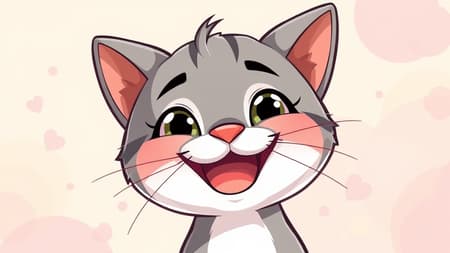 Adorable cartoon cat grinning at the viewer, illustrated in a playful and vibrant vector style, with eyes sparkling and a whimsical background.