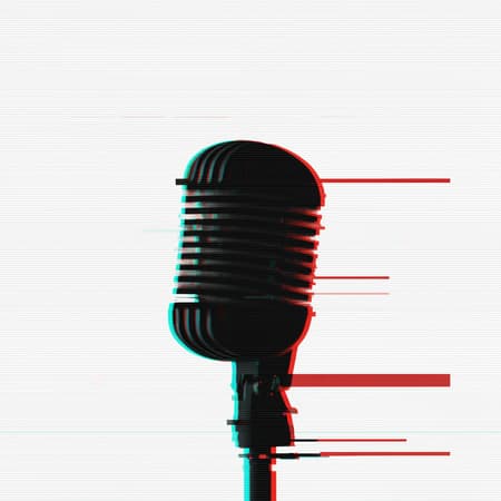 A vertical portrait of a single microphone silhouette features glitch art with linear distortion. The minimal white background is intersected by horizontal scan lines and digital interference. The horizontally distorted figure displays a scan line interference pattern, enhanced by soft diffused lighting. This corrupted data aesthetic is enriched with noise texture and horizontal artifacts, capturing a visually raw and stylized essence.