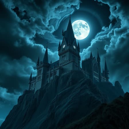 A grand gothic castle perched atop a rugged mountain, viewed from below, with a majestic full moon casting a silvery glow across the scene, evoking a chilling yet awe-inspiring atmosphere. The sky is filled with swirling dark clouds that add an air of mystery and grandeur. Sharp, high-detail spires rise into the night, enhanced by an otherworldly, magical cold lighting that bathes the ancient stone in an ethereal, icy blue luminescence, creating a vast sense of timelessness and isolation.