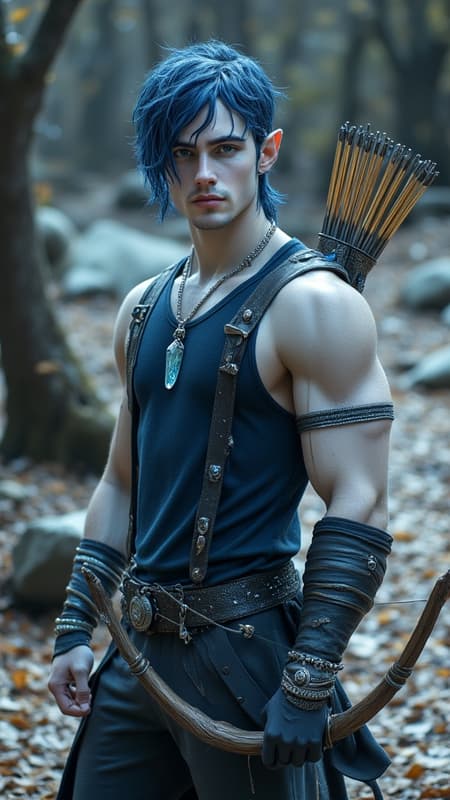 Faerie and Fantasy, The Dreaming. Elf. Moon Elf, pale white elf. Hypermasculine mature adult male. Short, stocky, wide shouldered, broad chested, narrow waist, sinewy, well defined. Strong, muscular. Pale white skin the color of snow, dusted in glittery moondust. Short length dark indigo-blue hair, short on sides and spiky on top. {{{SHORT HAIR, INDIGO BLUE HAIR}}}. Sparkling silver eyes, playful and cheery. Handsome rugged masculine face, strong brow and chin, cleft in chin. Indigo-Blue soul-patch on face below bottom lip. Sharp Elf ears. His skin is dusted in silvery glitter. Silver talisman with crystal quartz pendant around his neck. Navy blue sleeveless shirt unbuttoned to navel, revealing his chest. Silver arm bands above his biceps, silver earring in left ear, along with silver ear cuffs. Black leather fingerless gloves, black leather bracers on arms. Black leather belt around waist, silver and sapphire belt buckle. Navy blue rangers pants/tights, form fitting and smooth over powerful legs and bulge in groin. Soft gray boots, knee-high and slouchy/supple bucket boots. He holds a golden magical bow. He has a soft, silvery aura under moonlight, signifying elven magic. Full body pose, he is the archer, the Dream Archer. Faerie and Fantasy, The Dreaming. Elf. Moon Elf, pale white elf. Hypermasculine mature adult male. Short, stocky, wide shouldered, broad chested, narrow waist, sinewy, well defined. Strong, muscular. Pale white skin the color of snow, dusted in glittery moondust. Short length dark indigo-blue hair, short on sides and spiky on top. {{{SHORT HAIR, INDIGO BLUE HAIR}}}. Sparkling silver eyes, playful and cheery. Handsome rugged masculine face, strong brow and chin, cleft in chin. Indigo-Blue soul-patch on face below bottom lip. Sharp Elf ears. His skin is dusted in silvery glitter. Silver talisman with crystal quartz pendant around his neck. Navy blue sleeveless shirt unbuttoned to navel, revealing his chest. Silver arm bands above his biceps, silver earring in left ear, along with silver ear cuffs. Black leather fingerless gloves, black leather bracers on arms. Black leather belt around waist, silver and sapphire belt buckle. Navy blue rangers pants/tights, form fitting and smooth over powerful legs and bulge in groin. Soft gray boots, knee-high and slouchy/supple bucket boots. He holds a golden magical bow. He has a soft, silvery aura under moonlight, signifying elven magic. Full body pose, he is the archer, the Dream Archer.