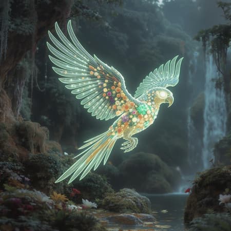 A luminous abstract 3D sculpture resembling a parrot in flight, crafted with intricate foliage and vibrant flowers seamlessly woven into its form, radiating a gentle glow against a lush, verdant backdrop.