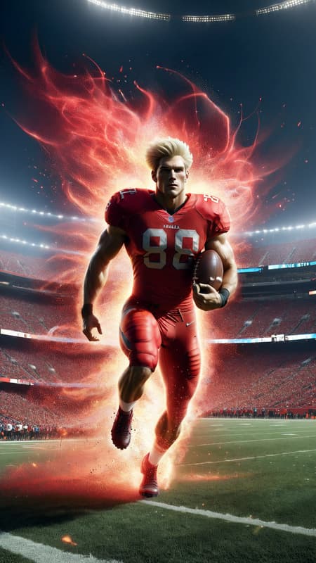 Super-hero, football Player, sports figure, college football. Hypermasculine male, Caucasian white male, young man (about 18 thru 21). Tall, muscular, sinewy, athletic, fit, wide bach and shoulders, broad chest, narrow waist, big thighs and calves. Super fast, can outrun a car, leaves a trail of wind in his wake. Unstoppable, can plow through his opponents on the football field. Handsome, rugged good looks. Light golden blonde very short hair, flat top hairstyle, close on sides and straight spiky on top. Deep set aqua-blue eyes, strong brow and chin, mild soul patch on face. Cleft in chin, cute dimples on face. Black strips under his eyes to reduce glare. Bare chest, shirtless, sweat running down his chest and legs after a hard practice. Black shoulder pads, elbow pads and knee pads on the outside of his body. Bright red (((red))) shiny football shorts stretched over his bulging crotch, revealing strong powerful thighs and legs. Black cleated football shoes. Usually running, a need for speed. Full body pose. 